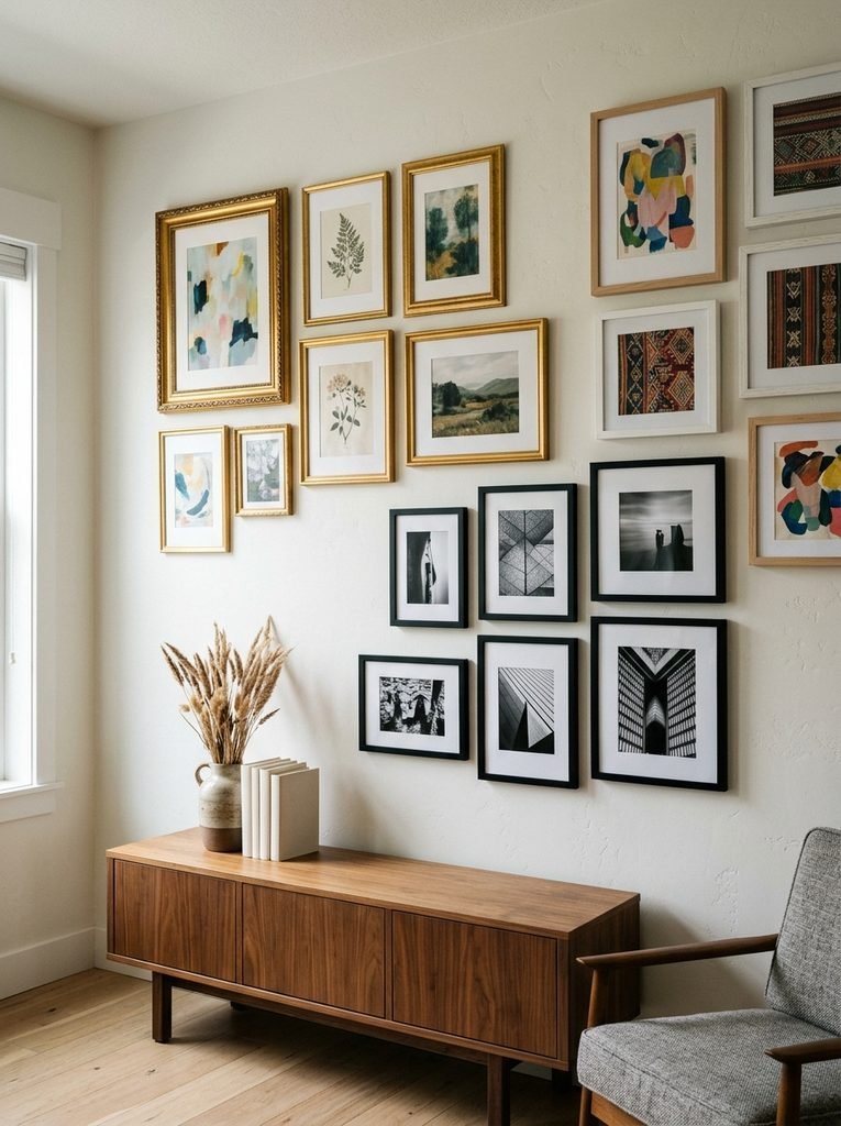 A Gallery Wall Anchored by Frame Color, Not Photo Subject