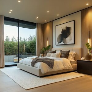 bedroom interior design featuring earthy colors and calm ambiance