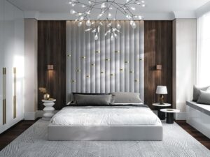 custom bedroom design with floor to ceiling headboard