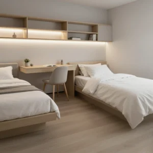 modern college dorm aesthetic with minimal decor and clean design