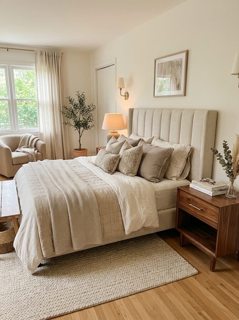 Bedroom styled in warm neutral tones with upholstered headboard, layered linens, and walnut nightstand