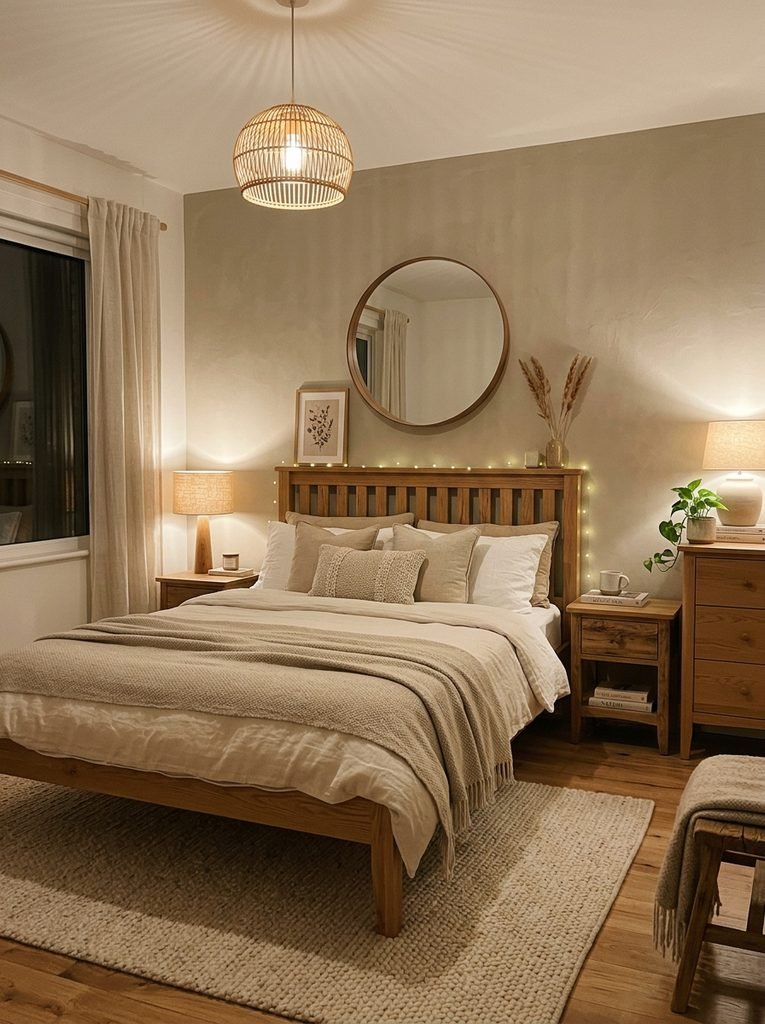 Bedroom with layered warm lighting, natural wood furniture, and soft neutral bedding