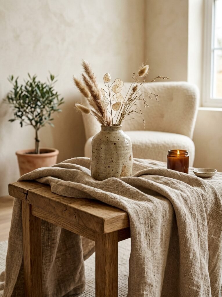 Close-up of layered natural textures — linen throw, oak side table, ceramic vase — in a warm minimalist living room