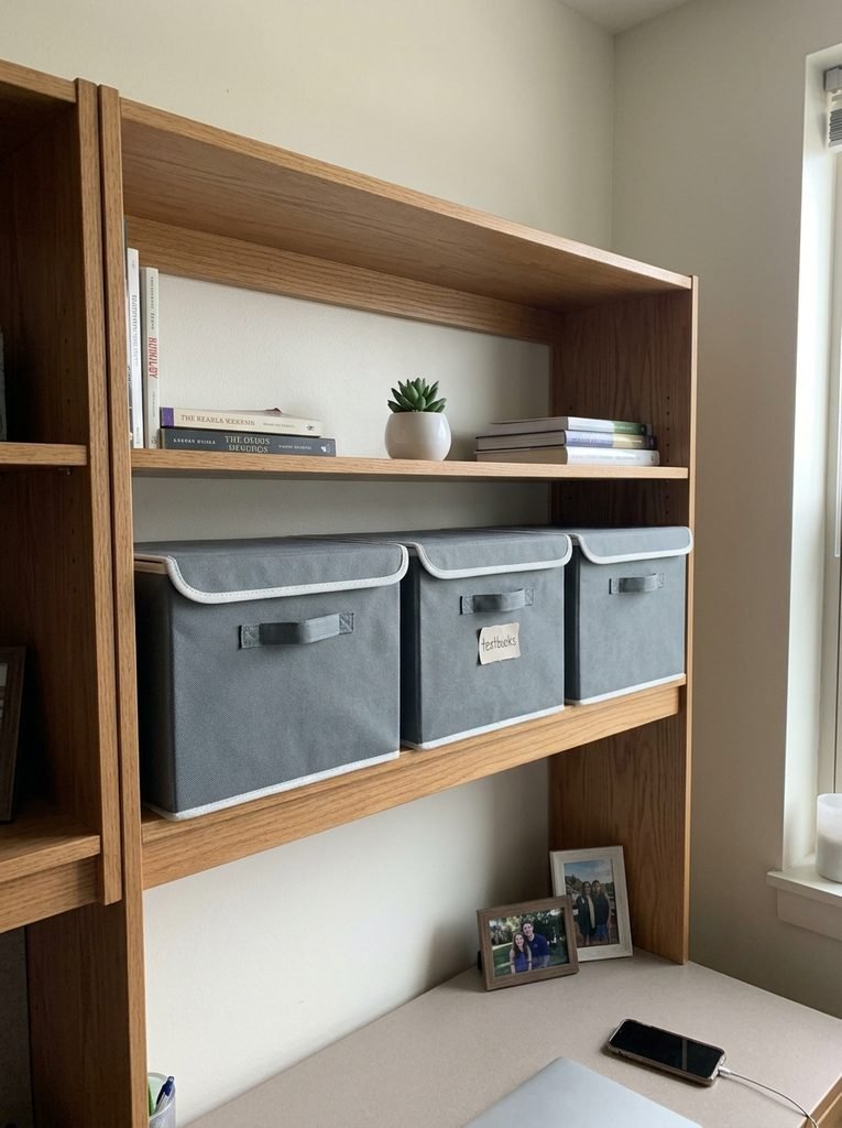 Closed storage bins keeping a dorm shelf clear and uncluttered