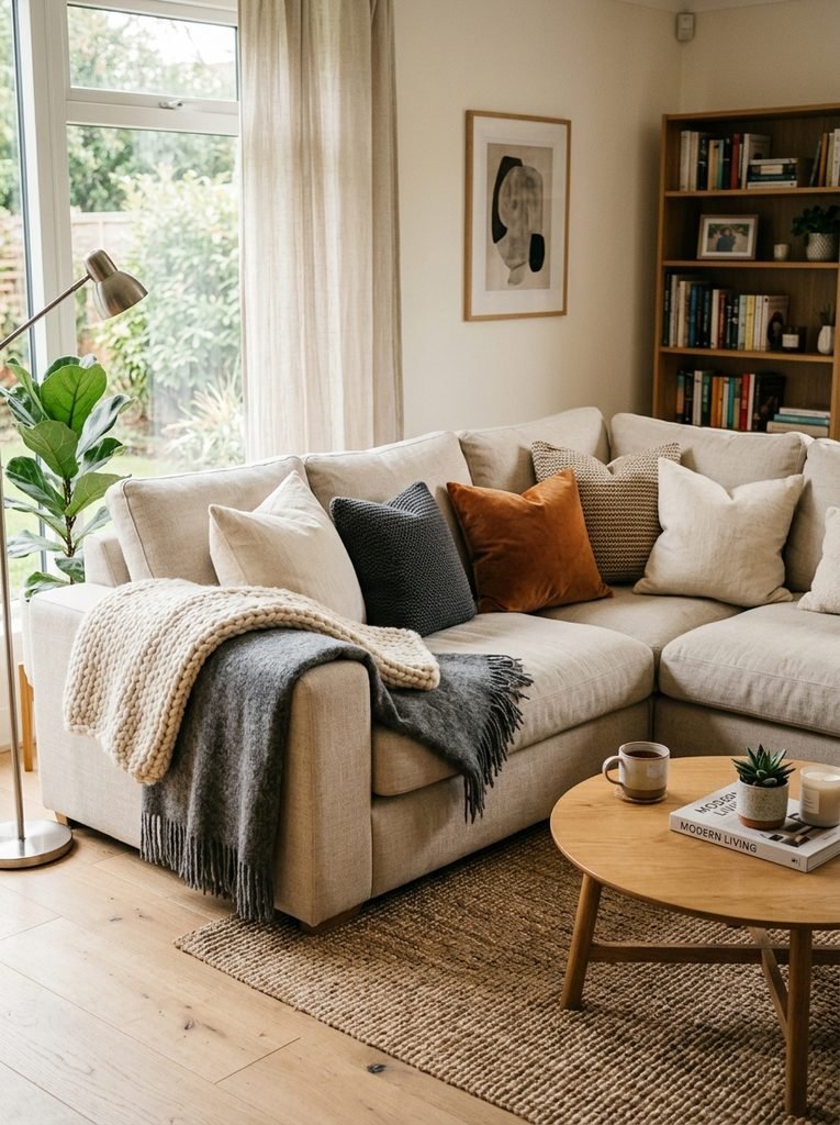 Comfortable modern living room seating with plush cushions and a layered wool throw
