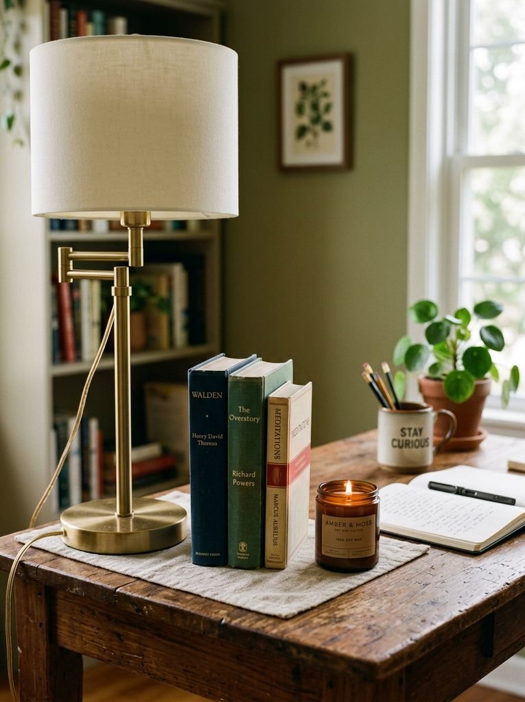 Desk vignette with a tall lamp, a stack of books, and a low candle grouped in a rule-of-three arrangement
