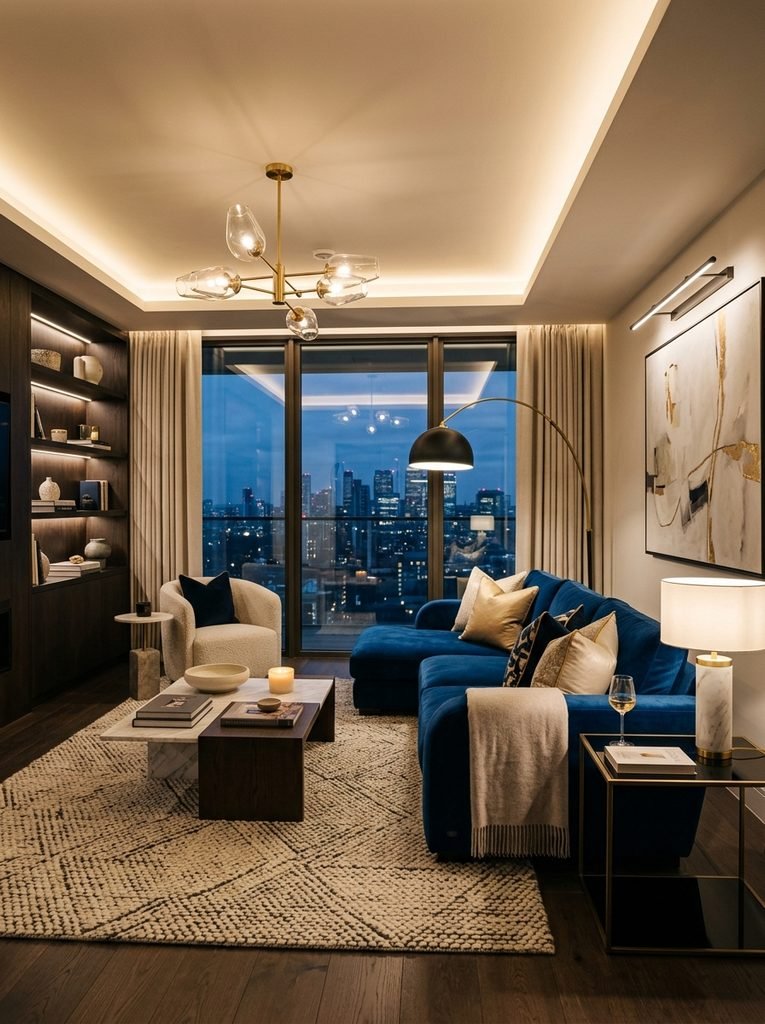 Elegant modern living room with layered lighting and a quality statement sofa