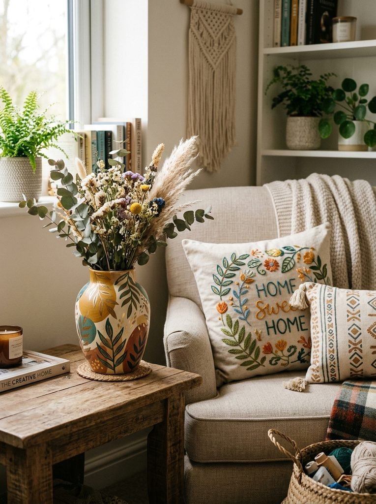 Handmade DIY decor accents including a painted vase and custom cushion covers