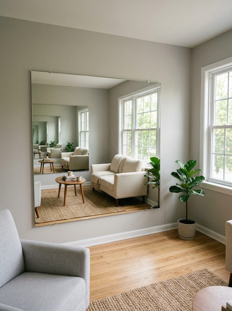 Large frameless mirror hung opposite a window to double the visual depth of a small room