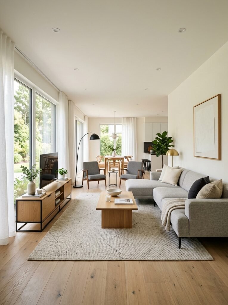 Modern living room with clean-lined furniture, neutral tones, and an uncluttered open layout