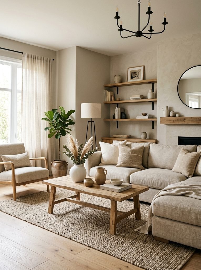 Neutral living room palette mixing linen, wood, ceramic, and matte metal textures