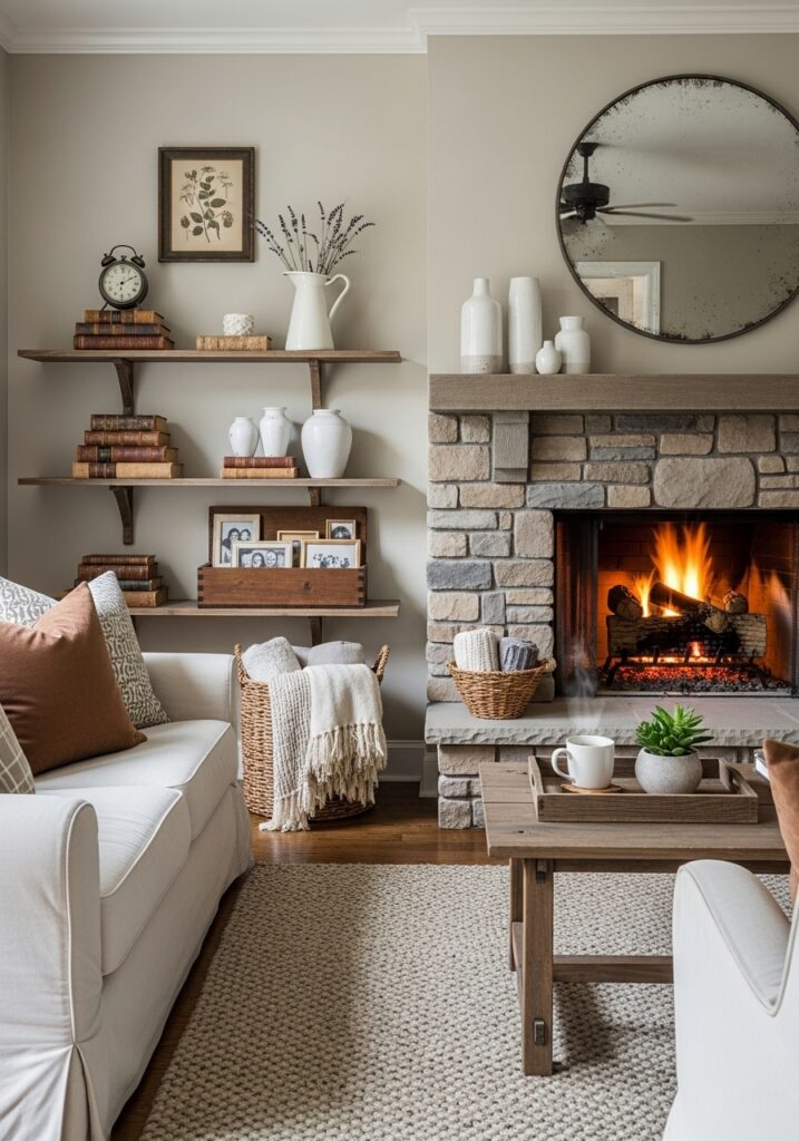 Open Shelving with Curated Decor Farmhouse Living Rooms
