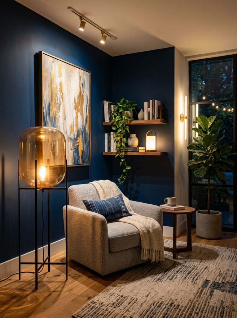 Sculptural floor lamp and layered accent lighting creating depth in a modern living room corner