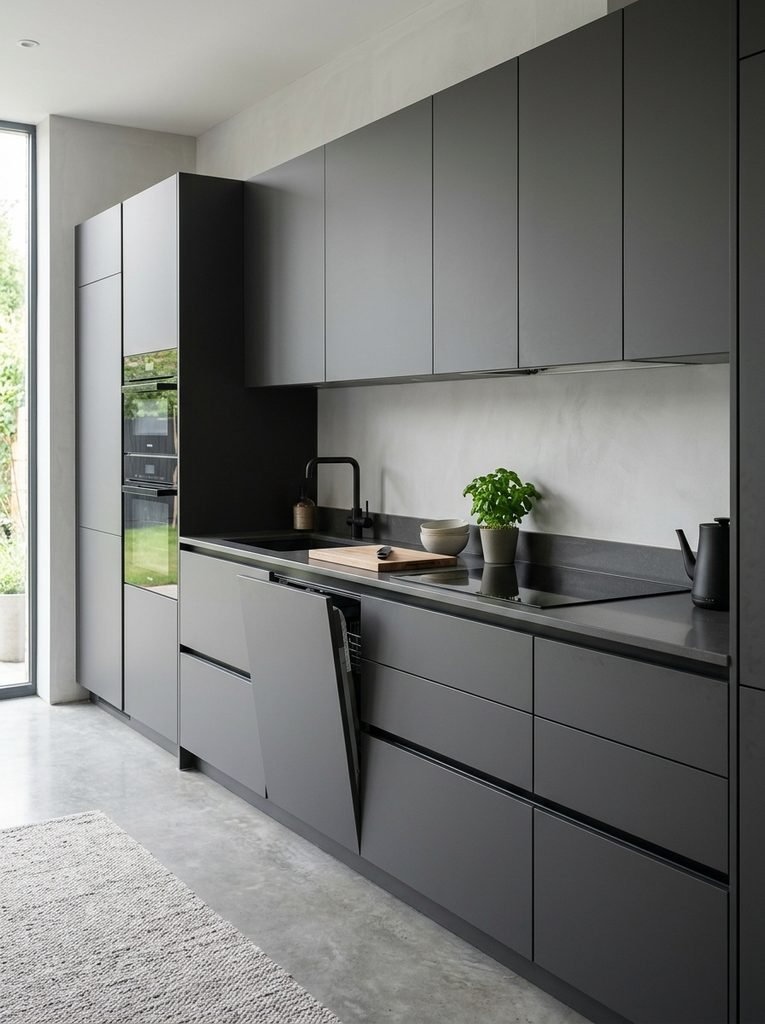 Sleek handleless kitchen cabinets with push-to-open mechanism and clean flat-panel doors
