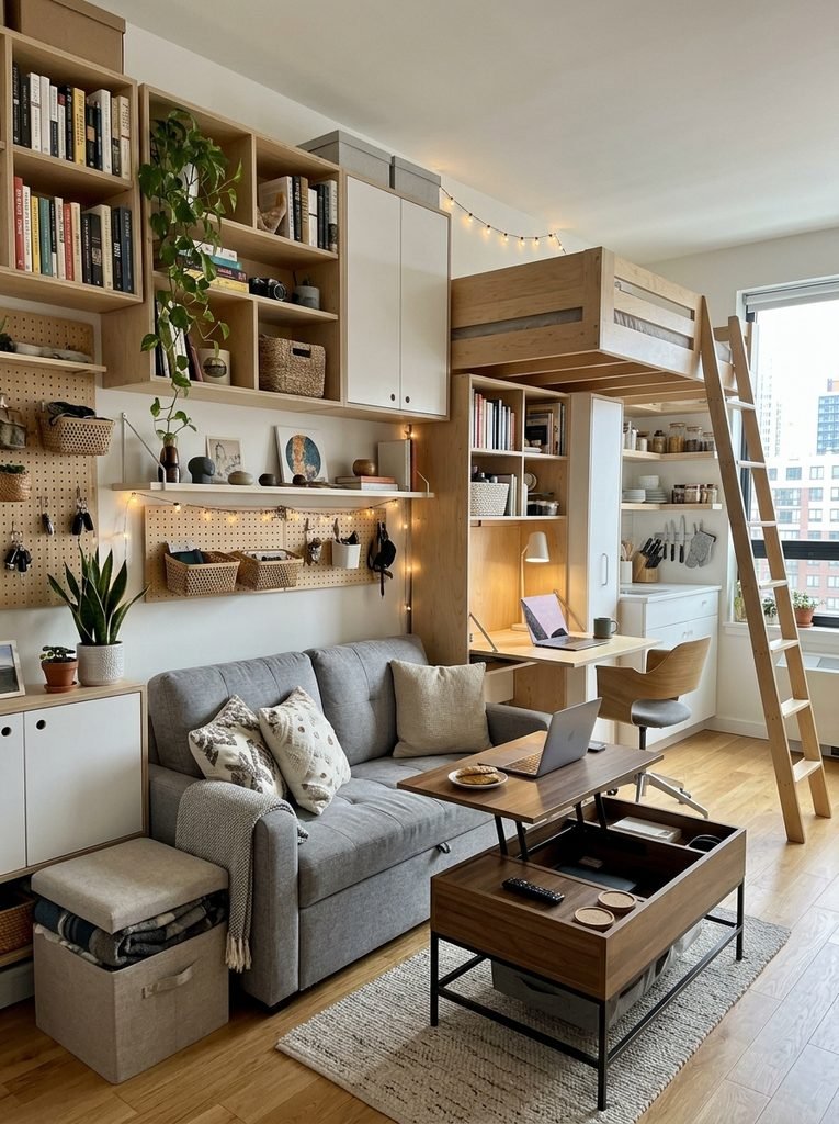 Small apartment living space using multifunctional furniture and vertical wall storage