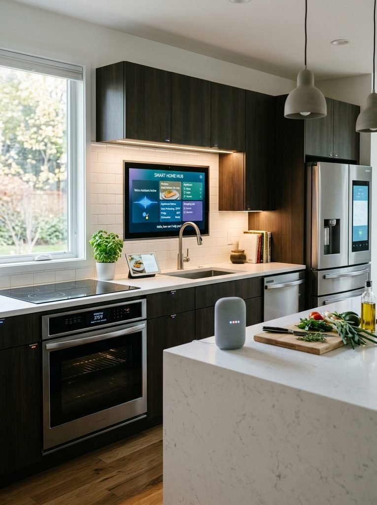 Smart kitchen setup with voice-controlled appliances and integrated touchscreen display