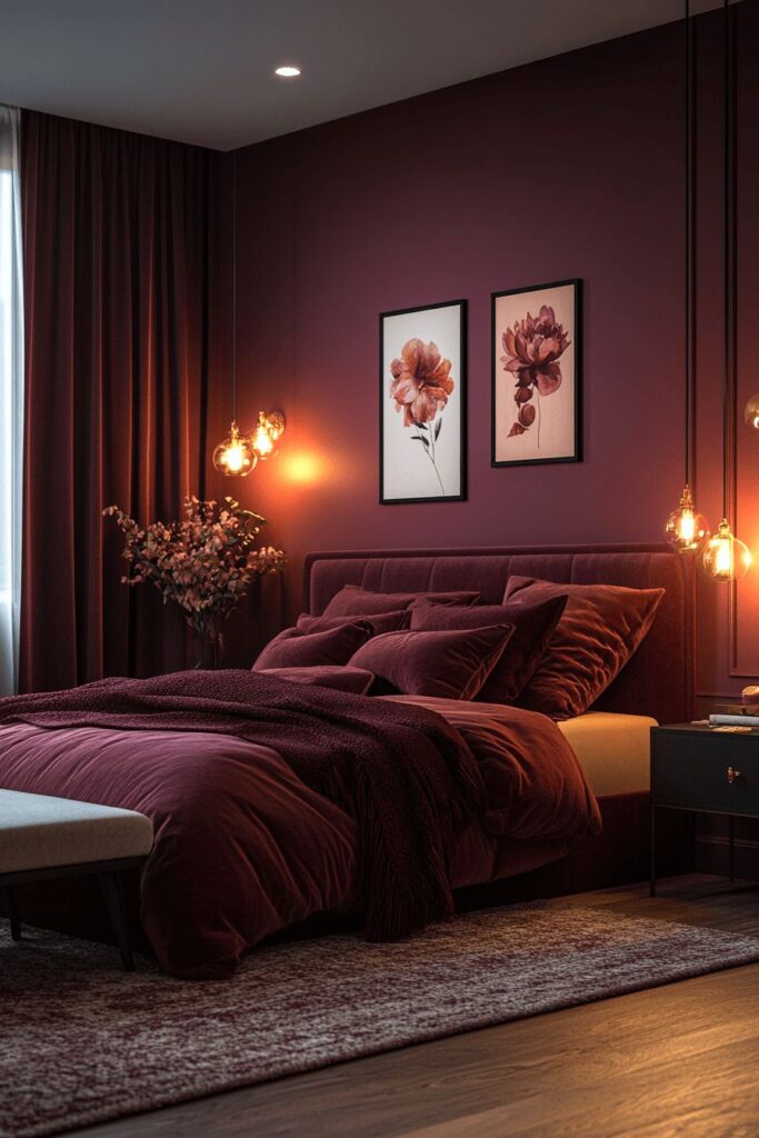cozy cherry bedroom decor ideas with soft fabrics and warm tones