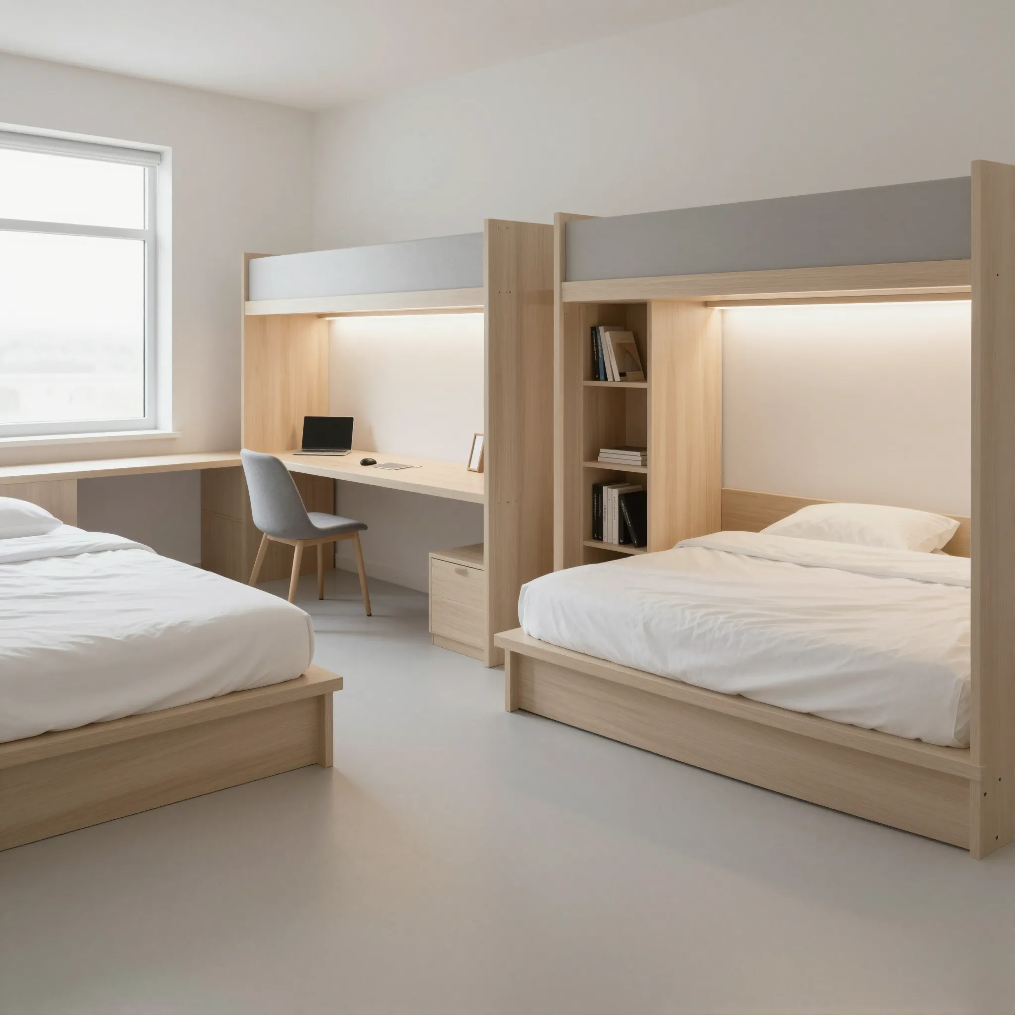 modern college dorm aesthetic with minimal decor and clean design