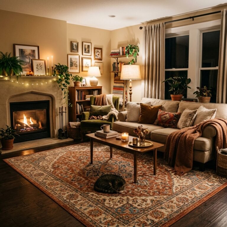 Cozy living room styled with warm lighting, layered textiles, and a large area rug