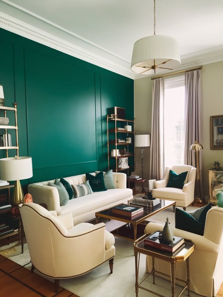 Emerald green accent wall paired with cream furniture and brass accents in a Neo-Deco color scheme