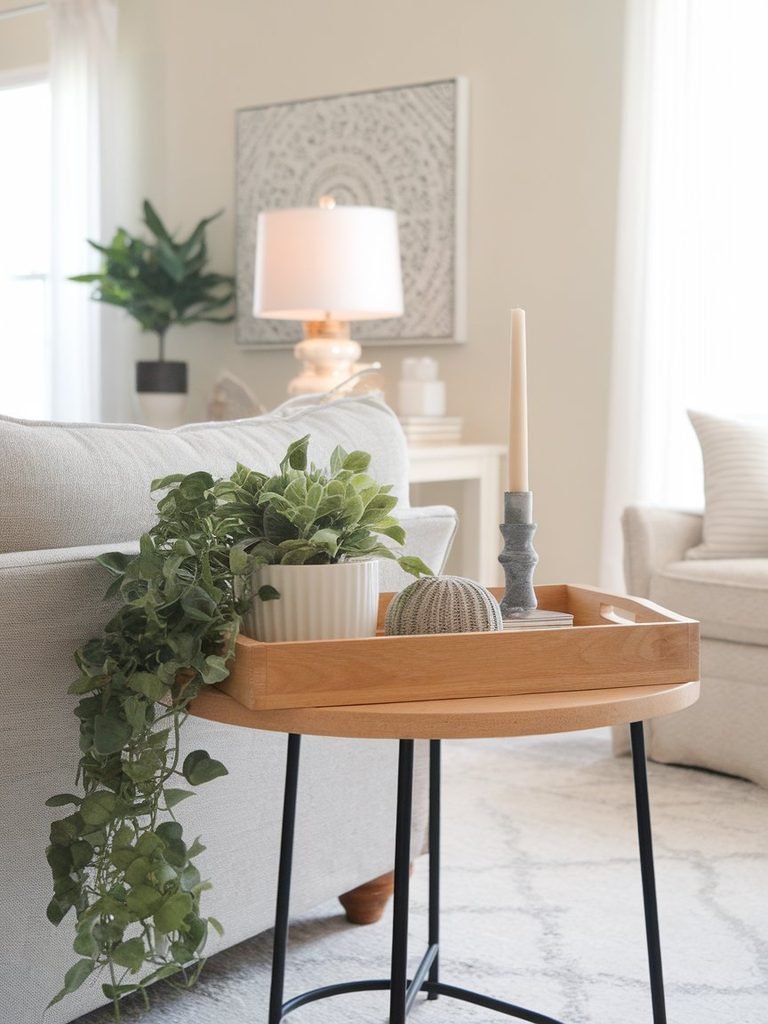 Light oak wood tray and side table styled with greenery in a bright living room
