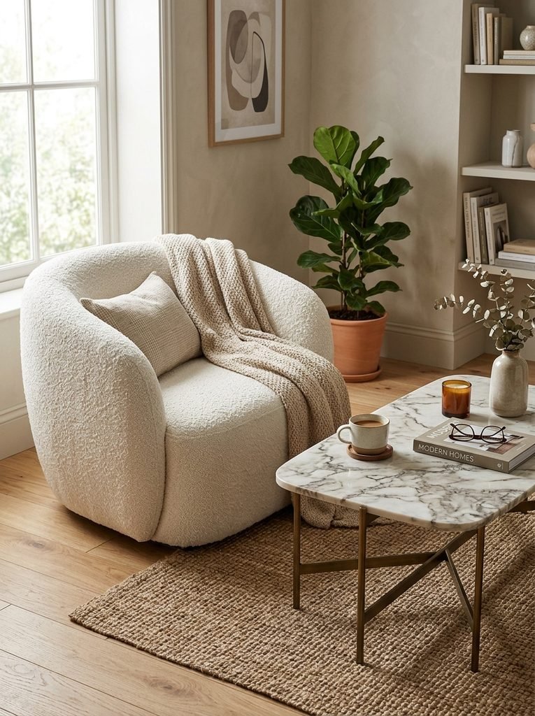 Marble-look coffee table with veining next to a boucle armchair