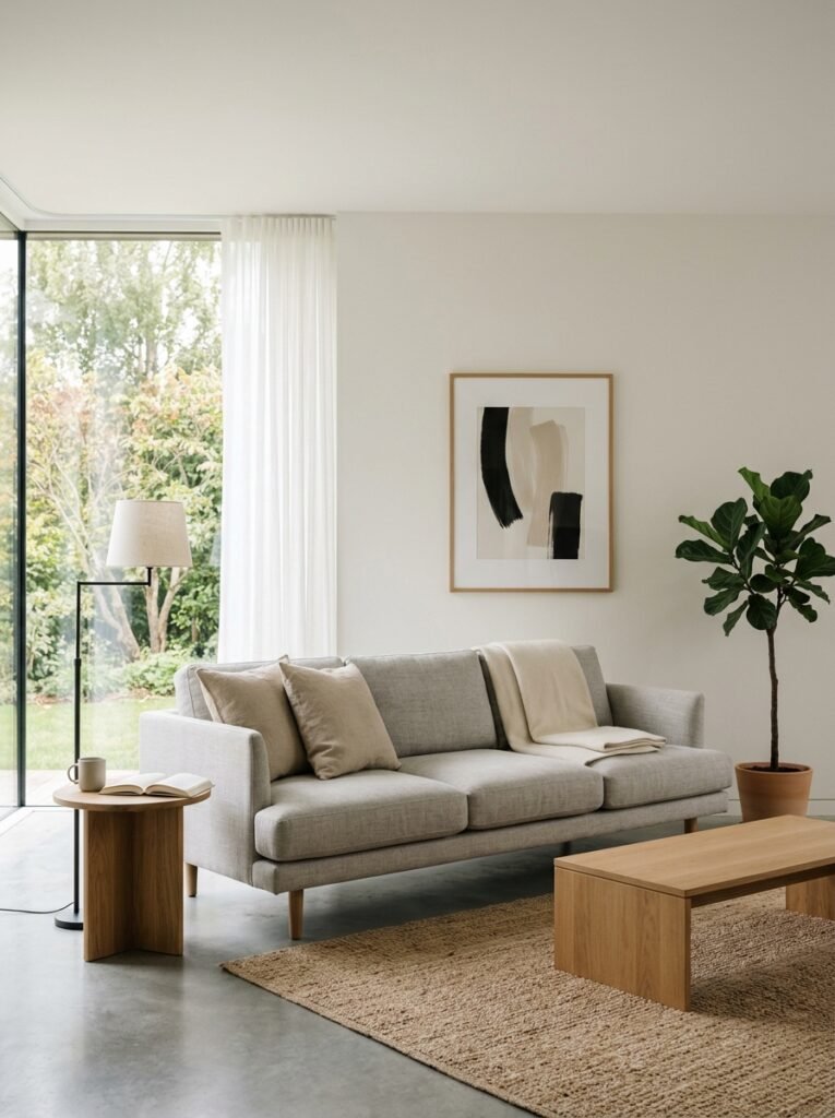 Minimalist living room with a single sofa and uncluttered surfaces