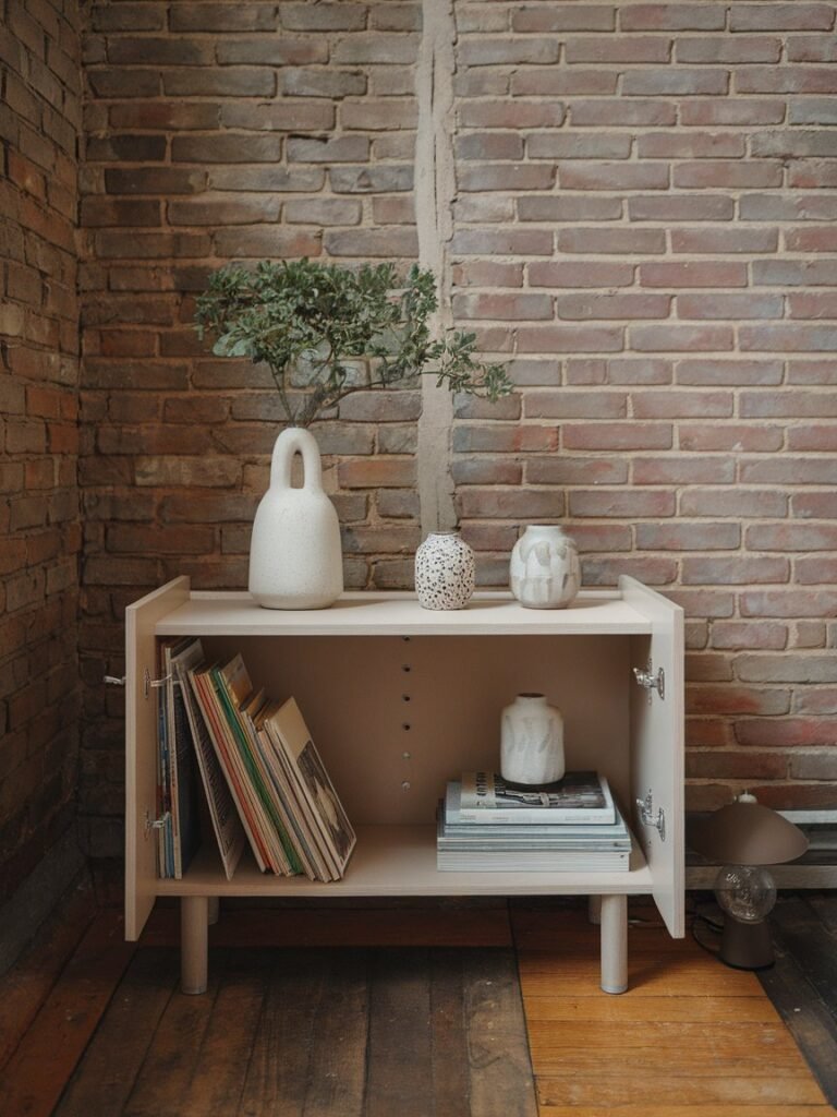 Minimally styled open shelf with ceramics, books, and a small plant spaced apart