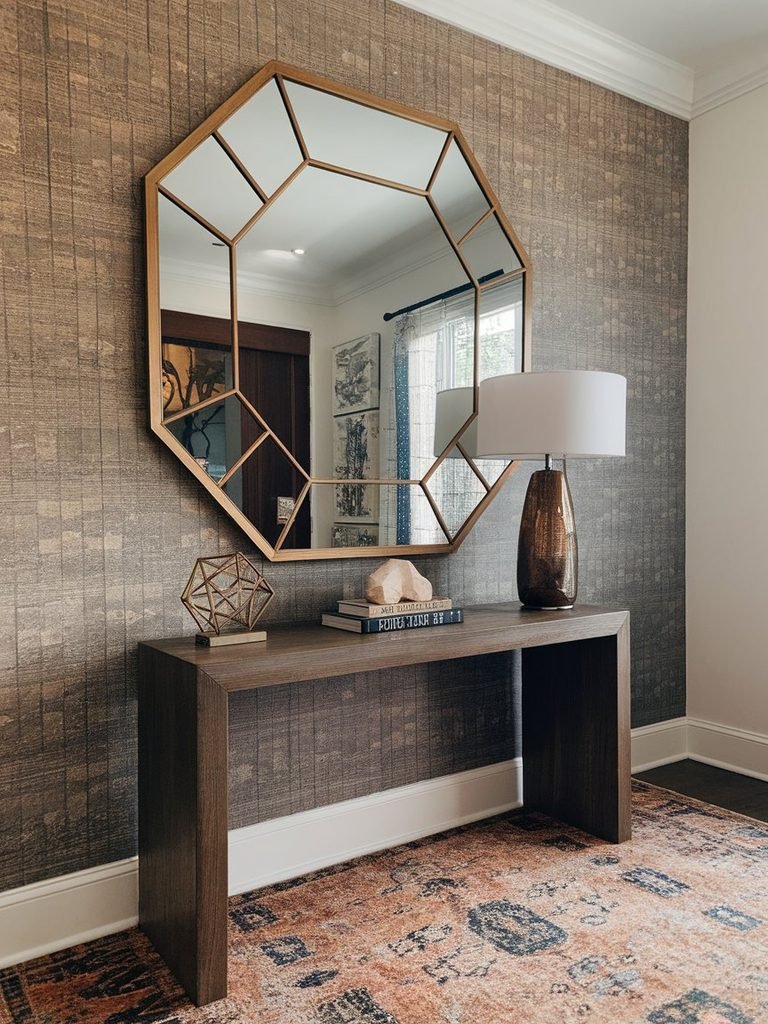 Oversized geometric-framed mirror as statement wall decor above a console table