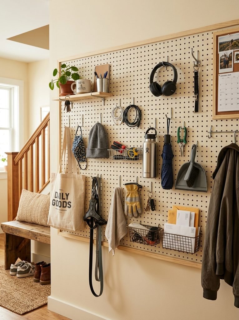 Pegboard wall with hooks holding everyday items in a small home