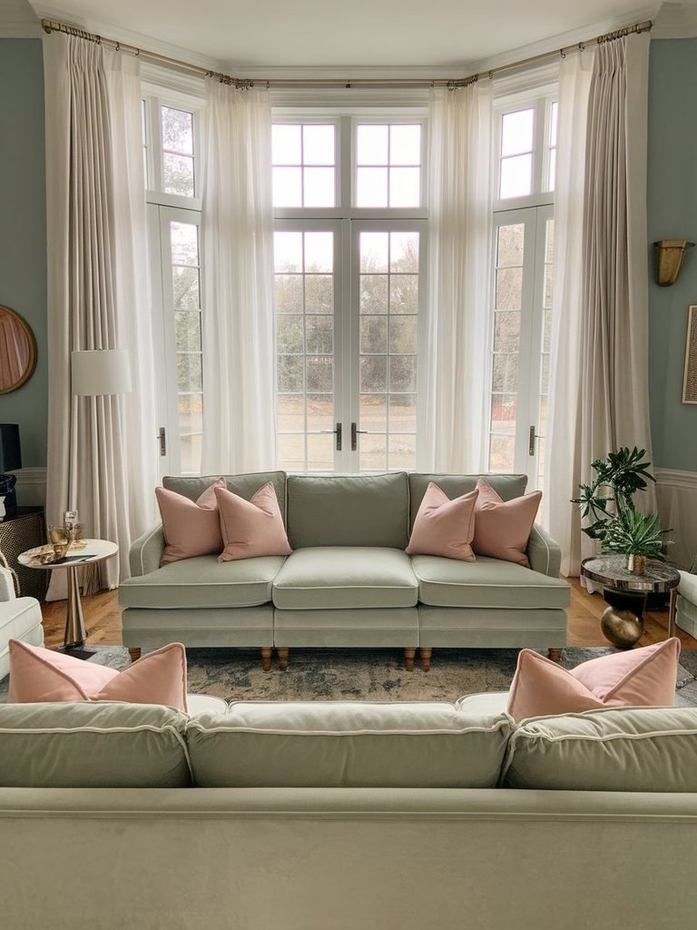 Sofa styled with pastel sage green and blush throw pillows for spring