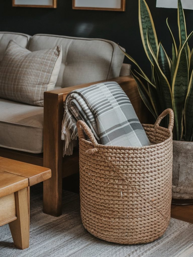 Woven seagrass basket holding a folded throw blanket beside a sofa
