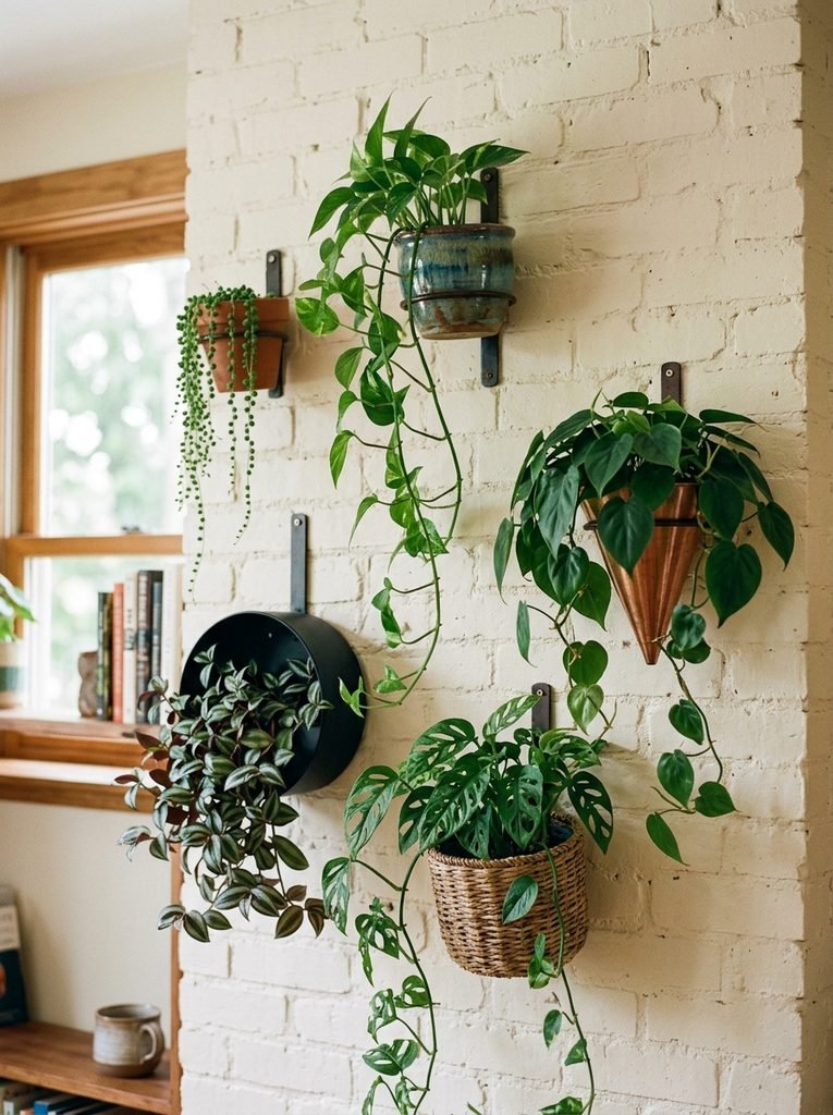 a small cluster of wall-mounted planters with trailing plants, staggered at different heights