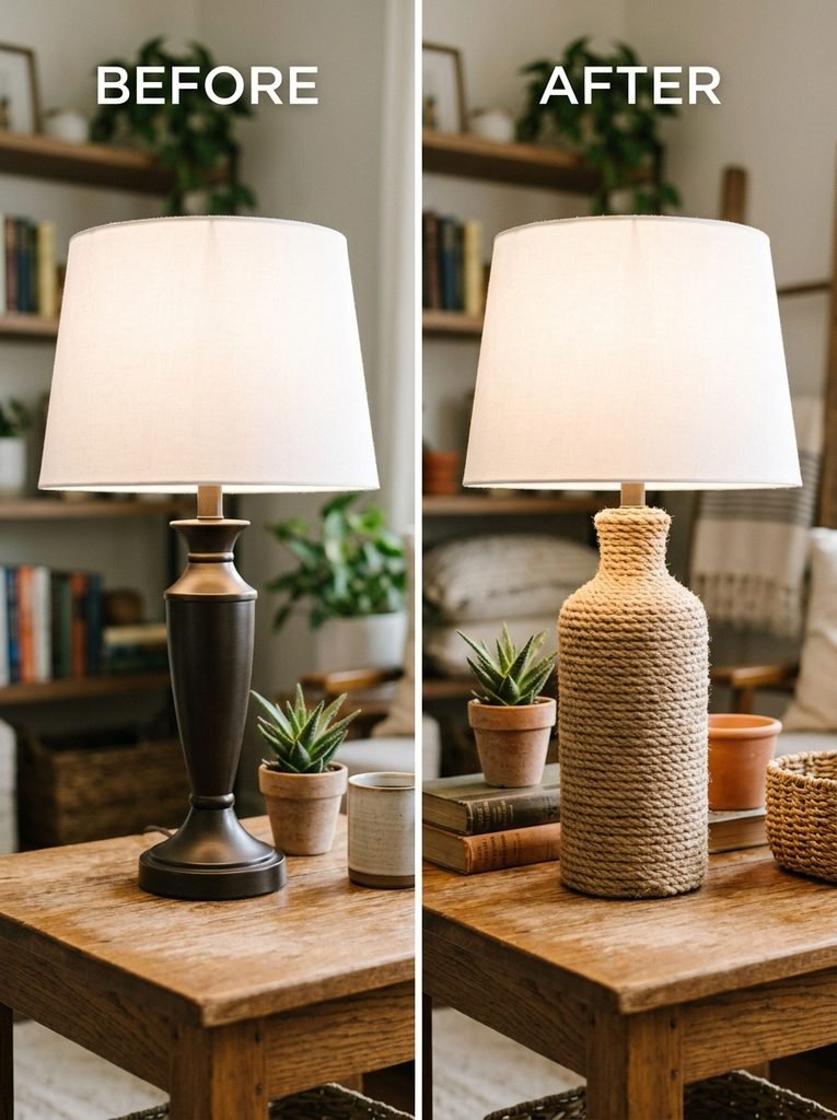 before after or styled shot of a lamp base wrapped in jute rope or finished in textured paint.