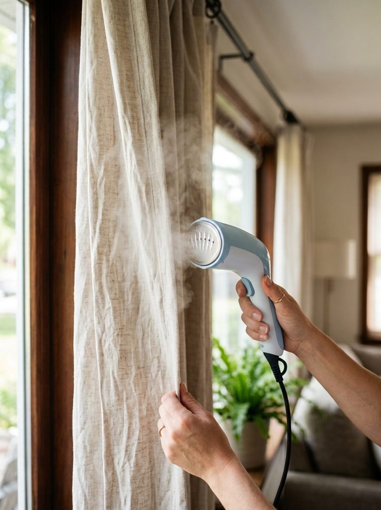close-up of a handheld steamer smoothing a curtain panel.
