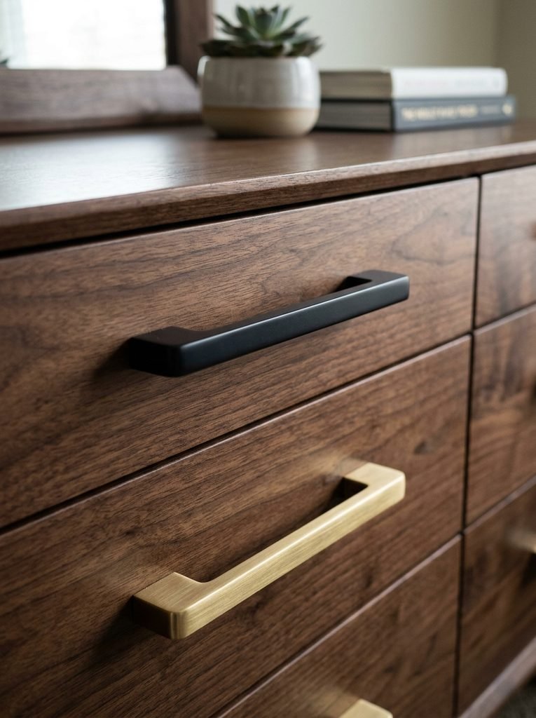  close-up of matte black or brushed brass cabinet pulls installed on a dresser or media console