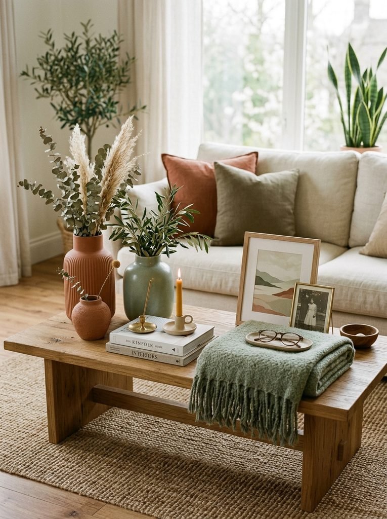 coffee table or shelf styled with terracotta and sage-toned vases, frames, and a folded throw