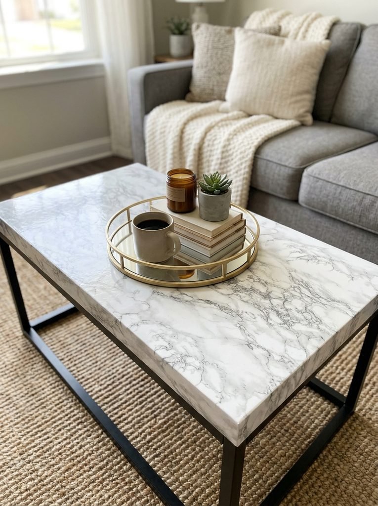 coffee table resurfaced with marble-look contact paper, styled with a tray on top