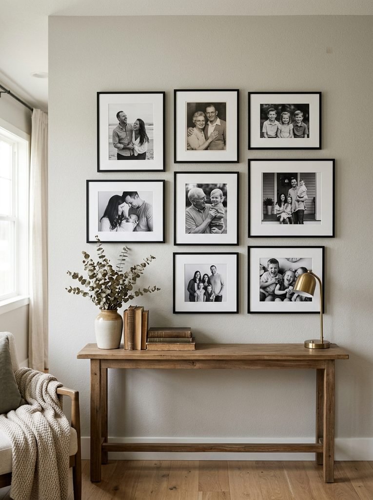 small gallery wall of black-and-white family photos in matching thin frames.