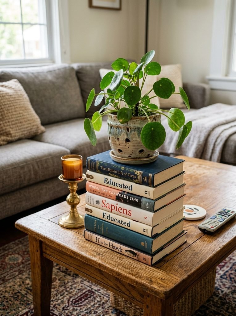 stacked hardcover books used as a plant or lamp riser on a coffee table