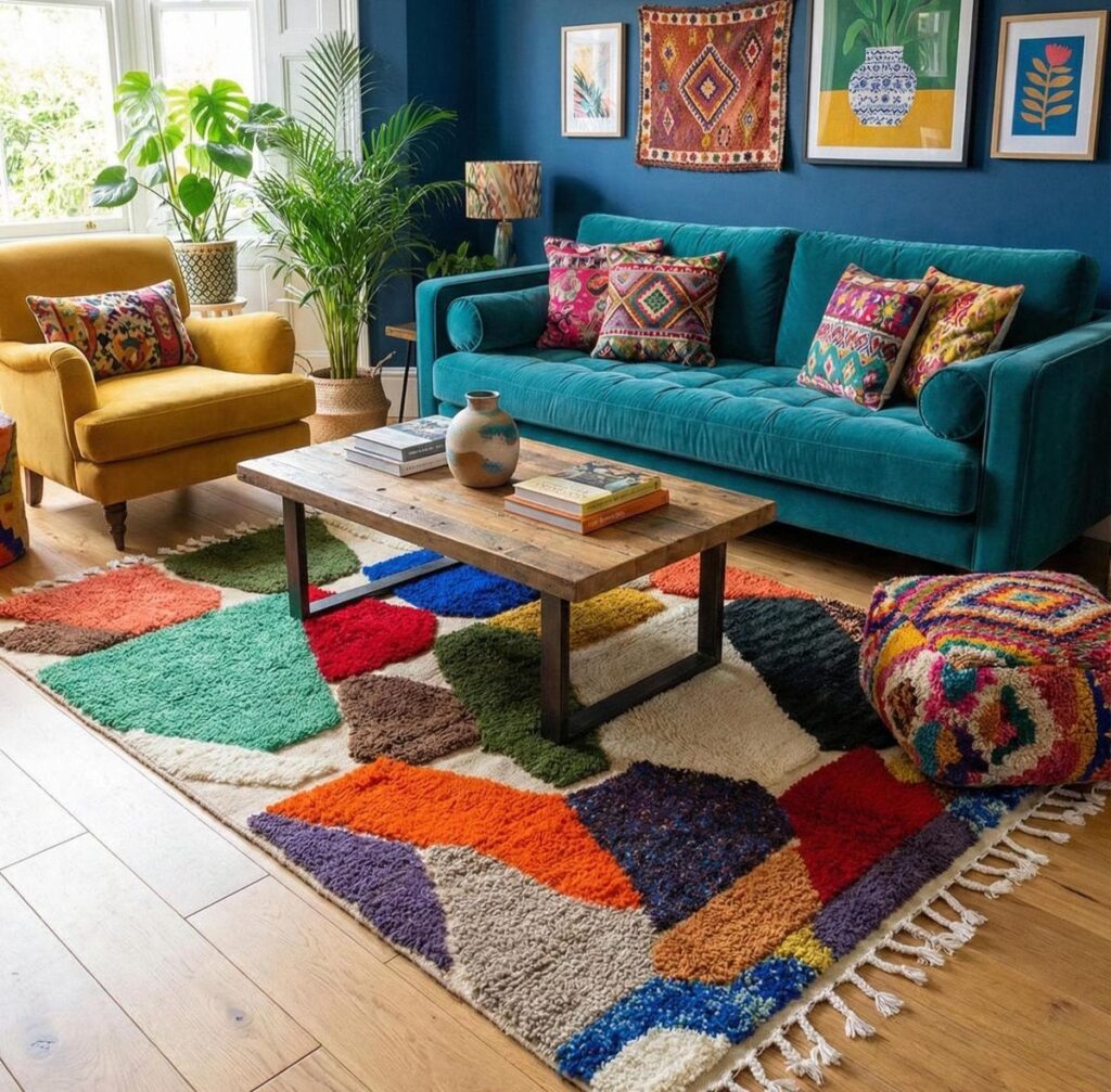 throw pillows, rugs, and artwork