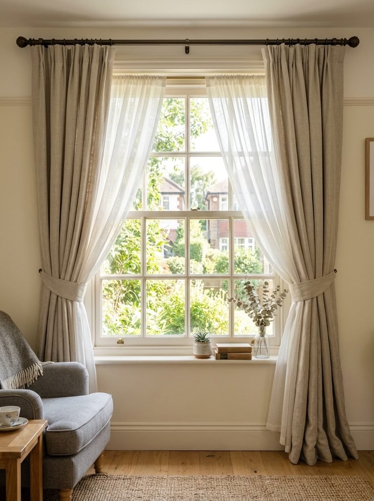window with sheer curtains layered behind heavier drapes, daylight diffusing through.