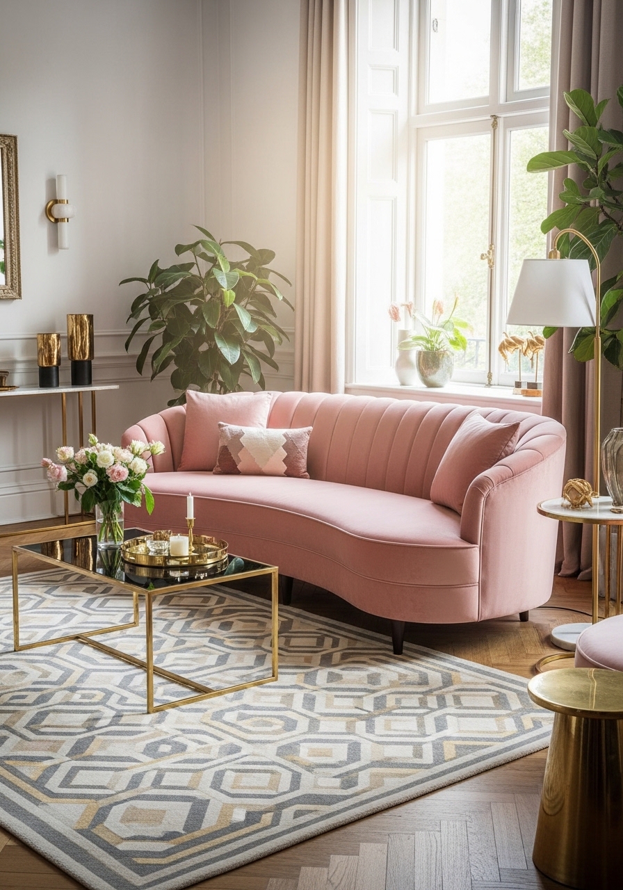 1. Curved Pastel Velvet Sofa as the Living Room Anchor