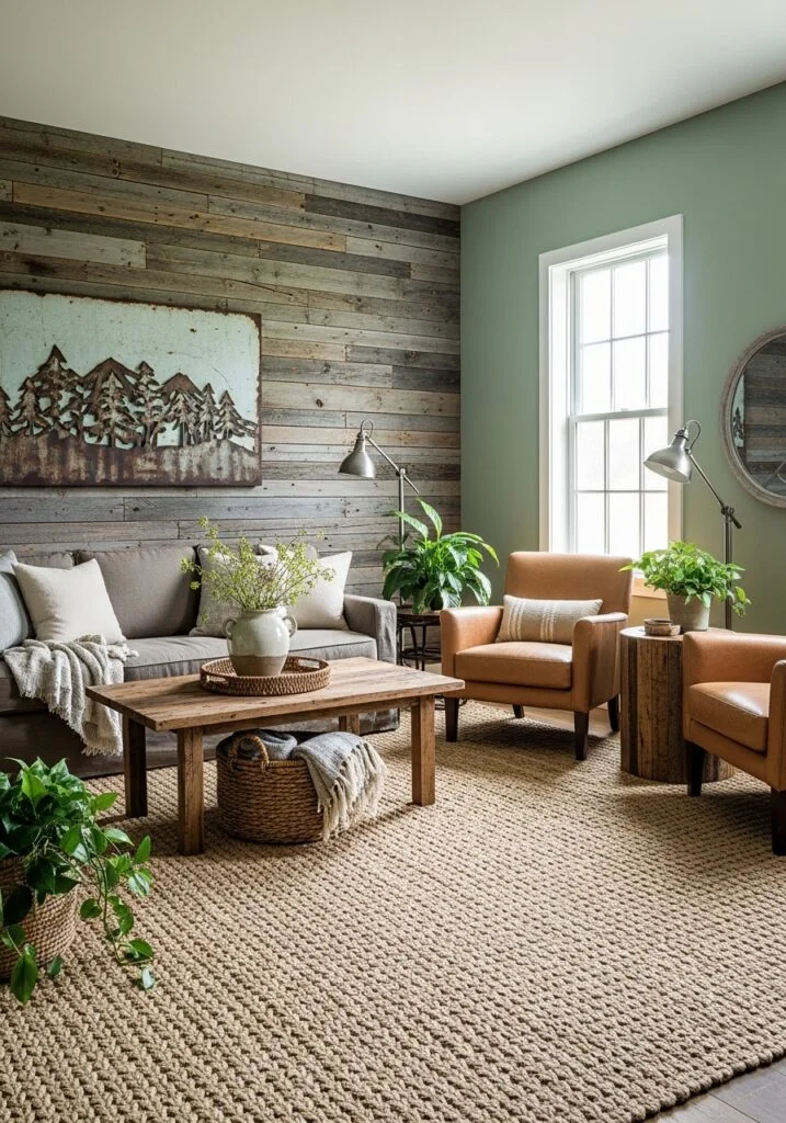 1. Reclaimed Wood Accent Walls with Sage Green Paint