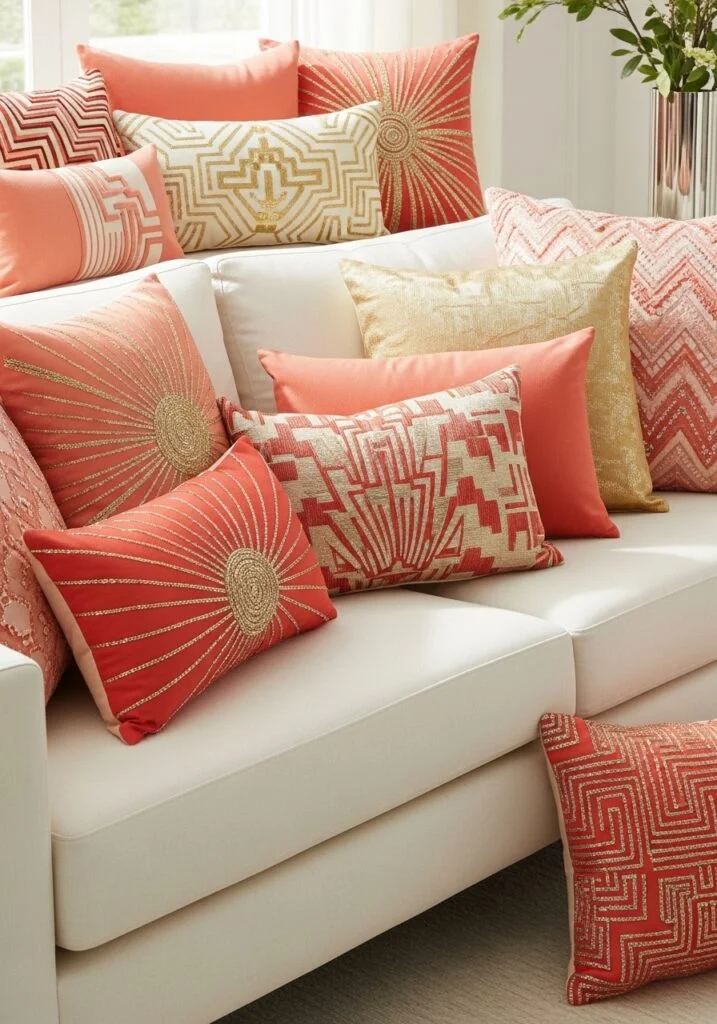 12. Coral and Gold Throw Pillow Layering