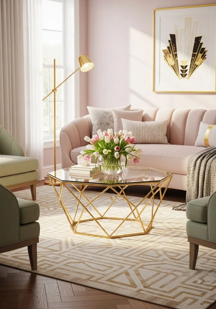 2. Geometric Gold Coffee Table with Light Styling