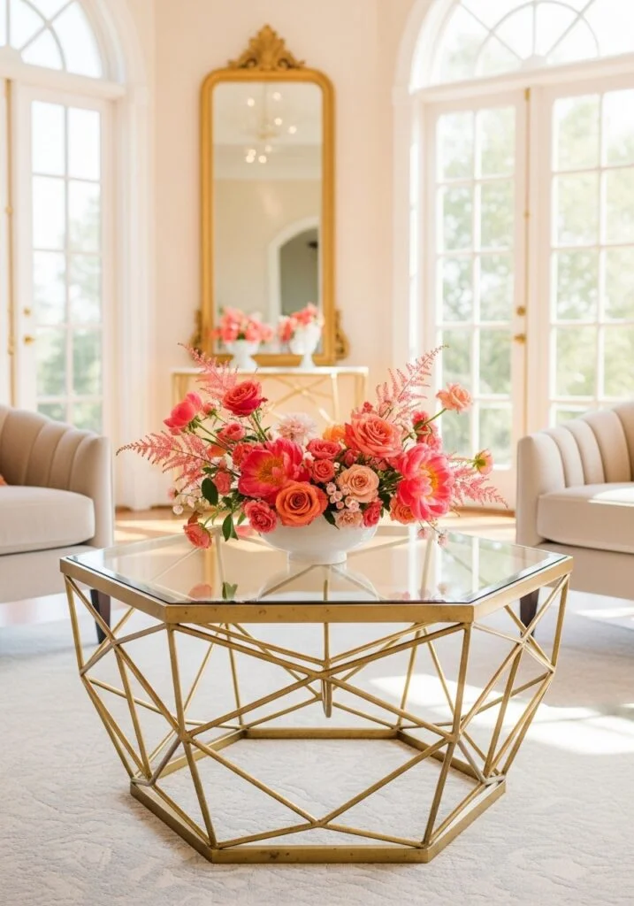 2. Gold and Glass Coffee Table for Light Reflection