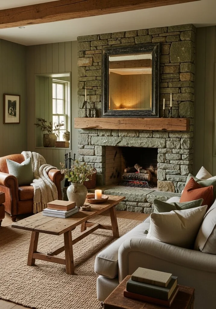 2. Stone Fireplace Surrounds in Sage Green Rooms