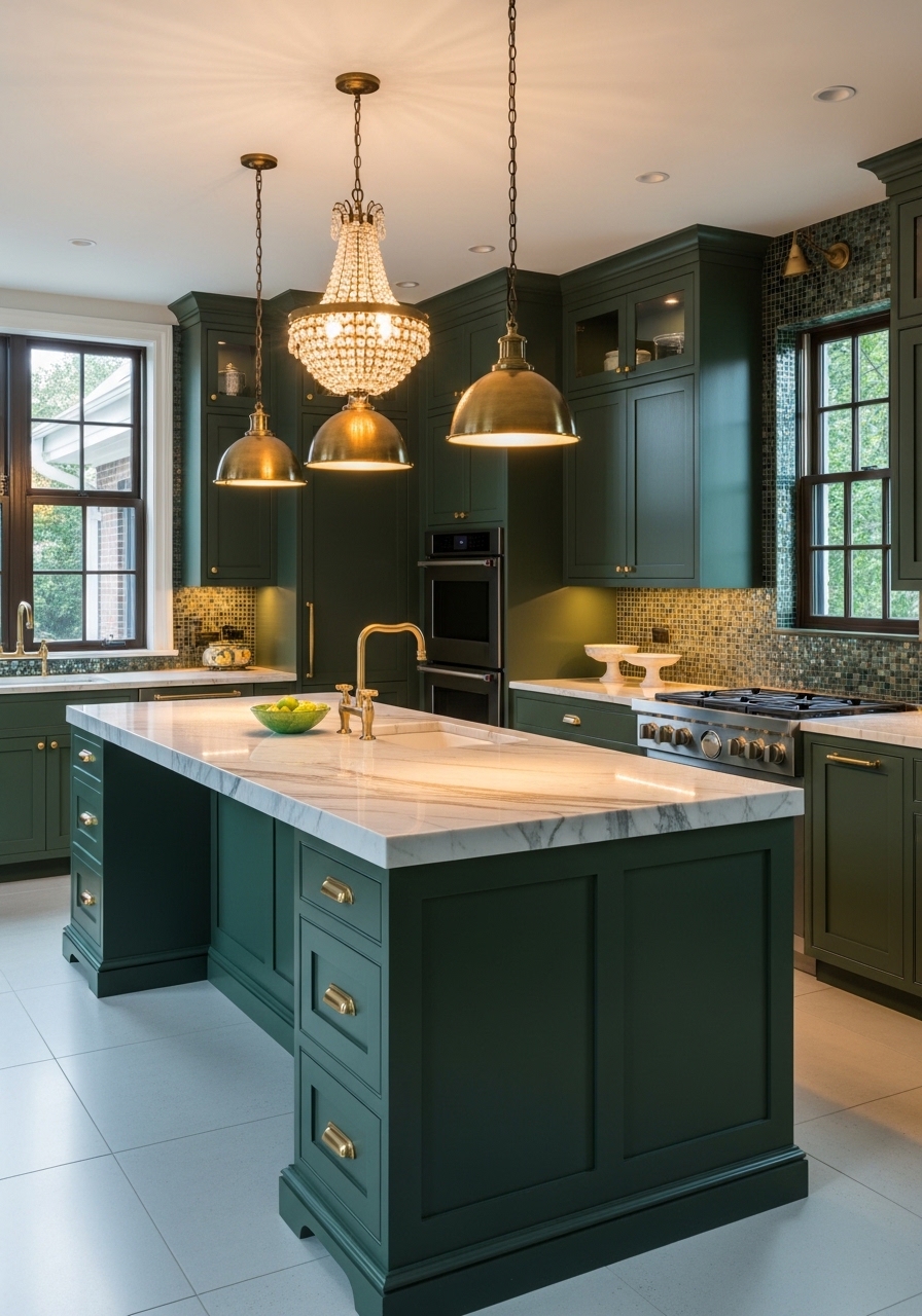 20. Emerald Green Lighting and Chandelier Focus