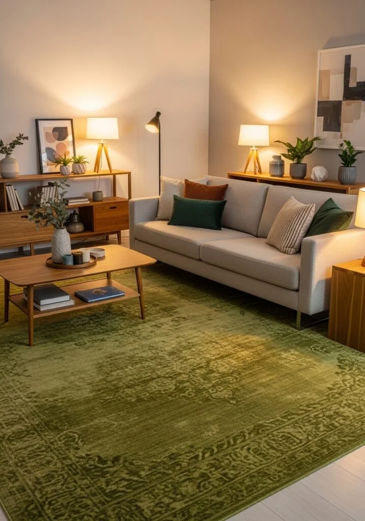 3. Add a Green Rug for Subtle Contrast